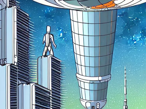 Image similar to a scifi illustration, hyper detailed external view of a space elevator. cinematic wide angle composition. flat colors, limited palette in FANTASTIC PLANET La planète sauvage animation by René Laloux