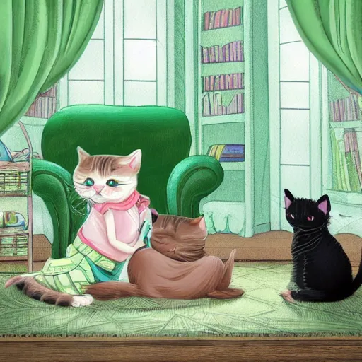 Prompt: Cat-mom is sitting in the green armchair and reading the Harry Potter book to his cute baby kittens in the cute fairy-like bedroom. Kittens hug each other while listening. Alice in Wonderland movie style. Realistic, digital art, highly detailed, photo realistic. emotionally evocative, cute eyes, round cats, cozy home.