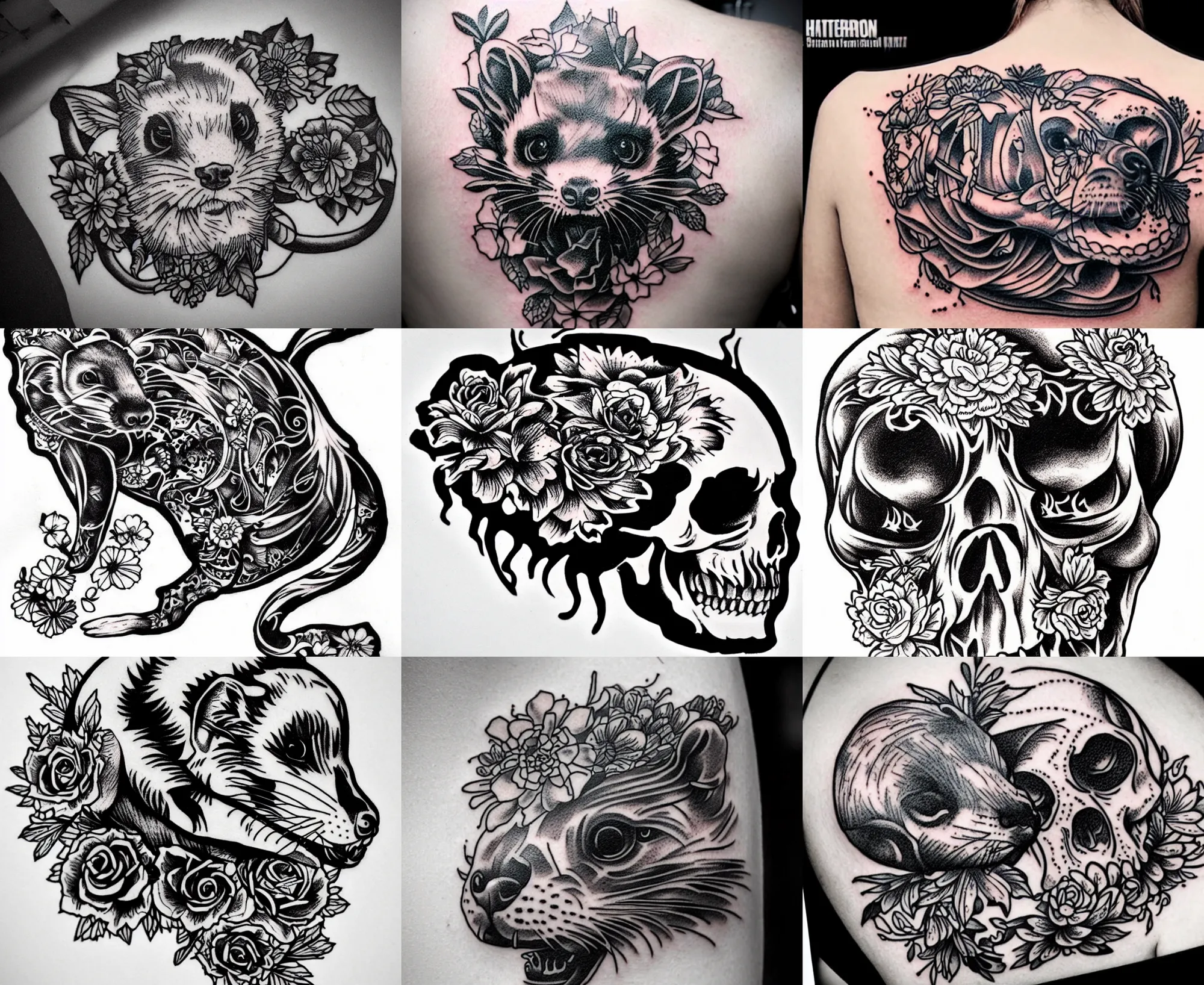 Prompt: detailed amazing tattoo stencil of a floral ferret crawling on a human skull