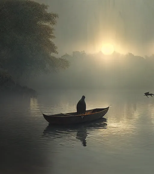 Image similar to three crows in a little boat in a swamp, volumetric lighting, fog, majestic light, octane render, ethereal glare of the sun, hyperrealistic, epic, masterpiece, by greg rutkowski