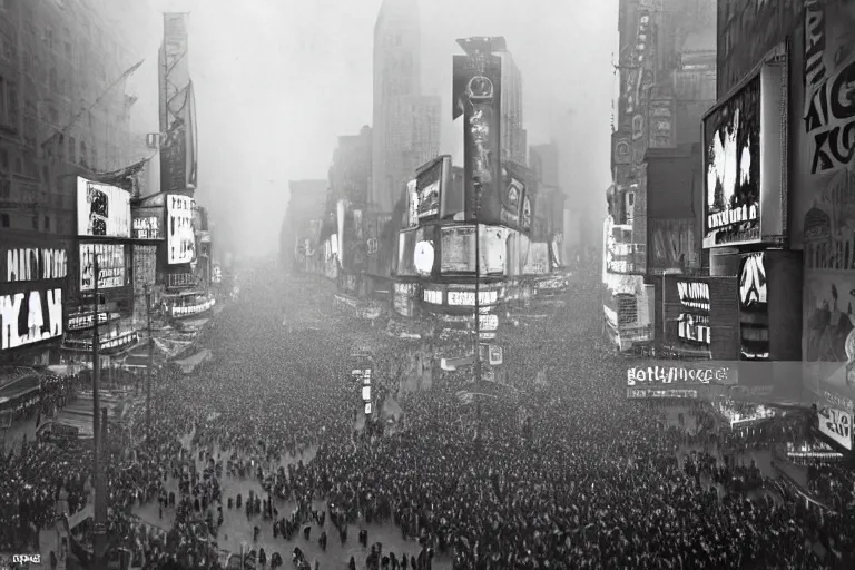 Image similar to a wide angle photograph of times square on new years eve, 1945, black and white