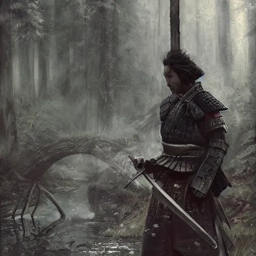 Image similar to samurai warrior wielding a sword, forest, standing on a bridge, by seb mckinnon, high detail, dramatic light, digital art, painted by greg rutkowski, promotional movie posterart, trending on artstation