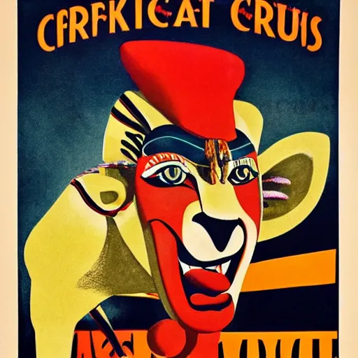 Prompt: poster advertising a circus, printed poster, creepy clown, roaring lion, 1 9 4 0 circus poster