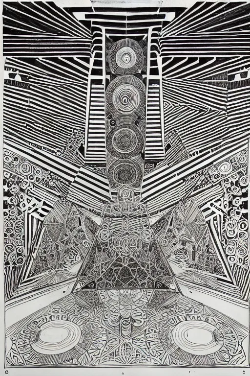 Prompt: a black and white drawing of an ancient temple mandala, a detailed mixed media collage by hiroki tsukuda and eduardo paolozzi and moebius, intricate linework, sketchbook psychedelic doodle comic drawing, geometric, street art, polycount, deconstructivism, matte drawing, academic art, constructivism