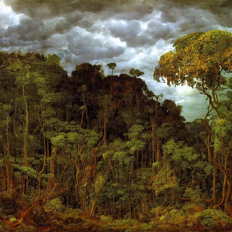 Prompt: Apocalypse with vegetation, leaves, creepers, ivy, ferns taking over the industrial, toxic, machinery, cities. Thunderstorm, autumn light. Painting by Caspar David Friedrich, Pontormo