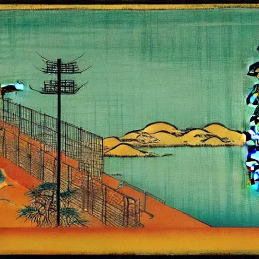 Image similar to a chinese prison near a river by peter doig : : 1 and ukiyo - e : : 0. 1, muted colors