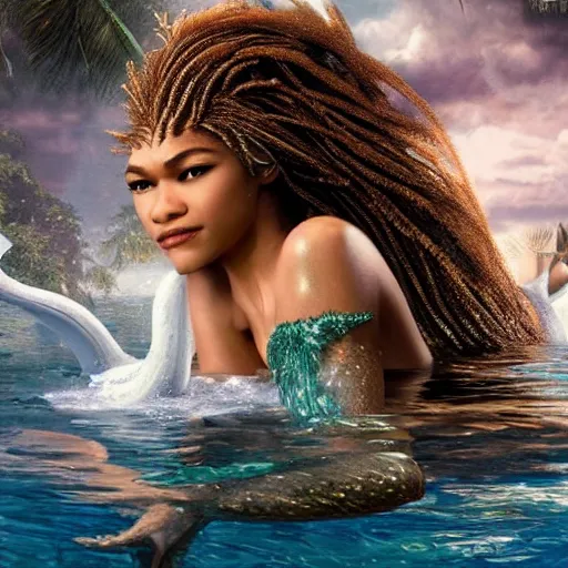 Image similar to zendaya as a dark - skinned mermaid la sirene haitian goddess, ultra - realistic, under water, white lilies, concept art, intricate details, bloom, highly detailed, photorealistic, octane render, 8 k, art by annie leibovitz and wlop and frank frazetta and simon bisley