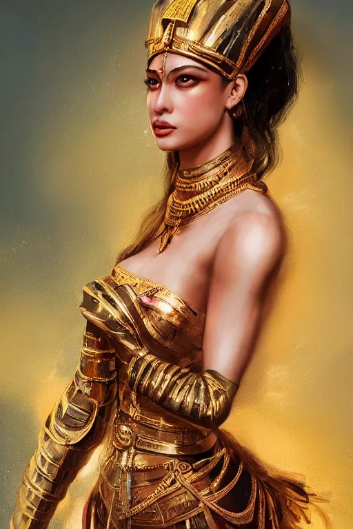 Image similar to Saba Mubarak as egyptian princess, gorgeous, portrait, powerful, intricate, beautiful, masterpiece, elegant, volumetric lighting, digital painting, highly detailed, artstation, sharp focus, illustration, Hajime sorayama, ruan jia