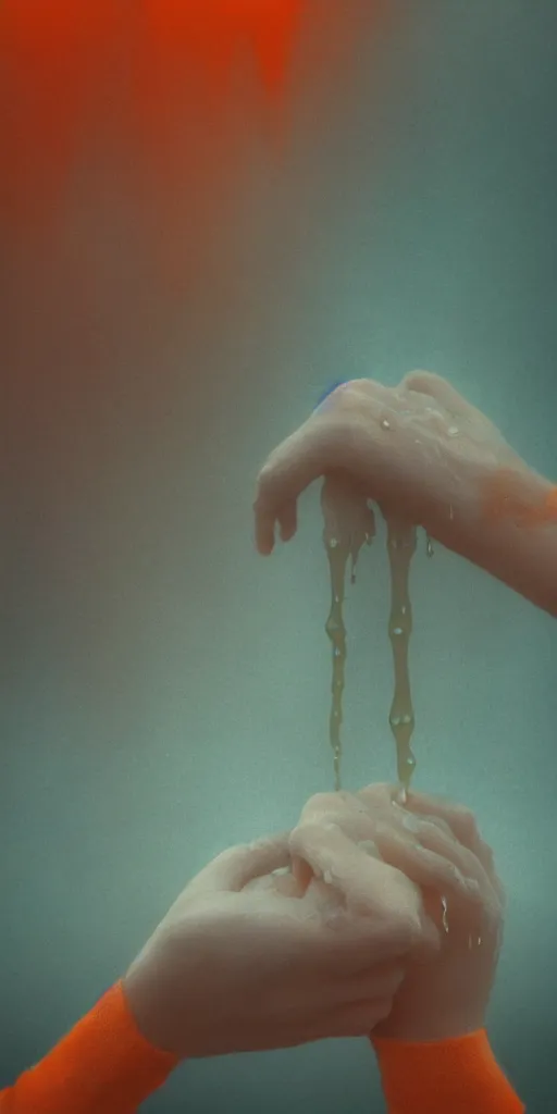 Image similar to a blurry closeup picture of hands around neck, dripping wet, no face, macro photography, long exposure photograph, surrealism, anamorphic bokeh, cozy, soft light, cyan and orange, caustic, atmospheric fog, octane render, cinematic