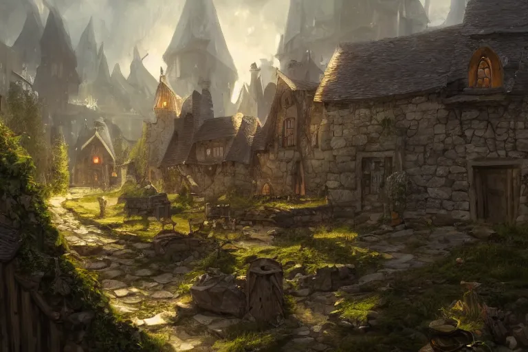 Image similar to A small medieval hamlet, fantasy, D&D, concept art, sharp focus, trending on artstation, digital painting, midday, sunny, beautiful, texture, wizards of the coast, tabletop, roleplay