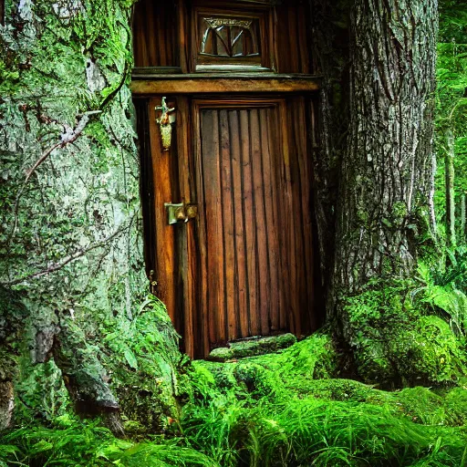 Prompt: a wooden door in a very Green fairy forest