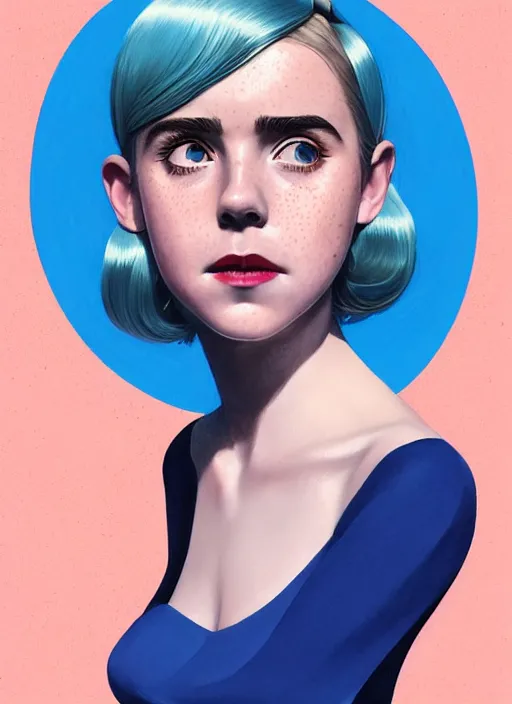 Image similar to portrait of kiernan shipka with freckles, white hair, big 1 9 6 0 s bob hairstyle with bangs and hairband, blue 1 9 6 0 s dress, intricate, elegant, glowing lights, highly detailed, digital painting, artstation, concept art, smooth, sharp focus, illustration, art by wlop, mars ravelo and greg rutkowski