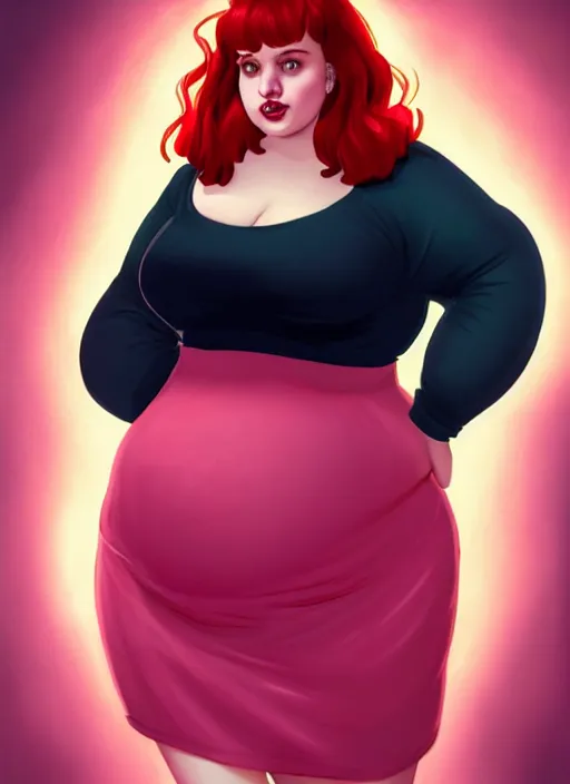 Image similar to full body portrait of teenage cheryl blossom, obese, bangs, green eyes, sultry expression, red hair, sultry smirk, bangs and wavy hair, pink skirt, obese, intricate, elegant, glowing lights, highly detailed, digital painting, artstation, concept art, smooth, sharp focus, illustration, art by wlop, mars ravelo and greg rutkowski