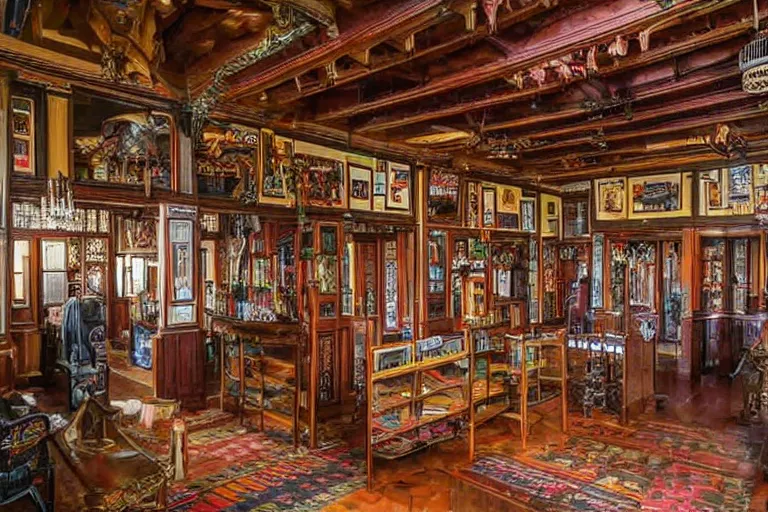 Image similar to full - color photo of the interior of the winchester mystery house. the interior architecture and layout are illogical, surreal, bizarre, complicated, and labyrinthine. there is a faintly - visible victorian ghost lurking and hiding.