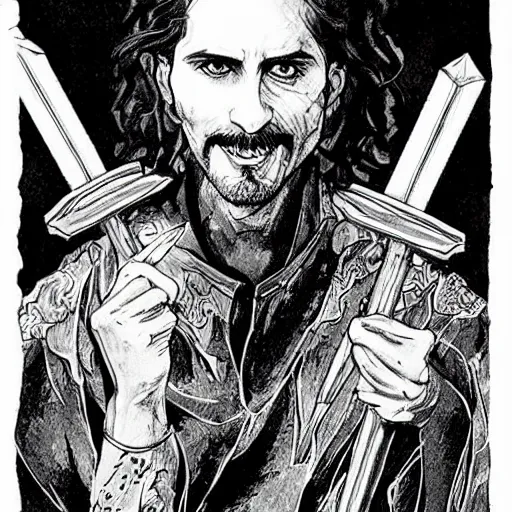 Image similar to pen and ink!!!! attractive 22 year old deus ex Frank Zappa x Jared Leto golden Vagabond!!!! magic swordsman!!!! glides through a beautiful battlefield magic the gathering dramatic esoteric!!!!!! pen and ink!!!!! illustrated in high detail!!!!!!!! by Hiroya Oku!!!!!!!!! Written by Wes Anderson graphic novel published on shonen jump MTG!!! 2049 award winning!!!! full body portrait!!!!! action exposition manga panel