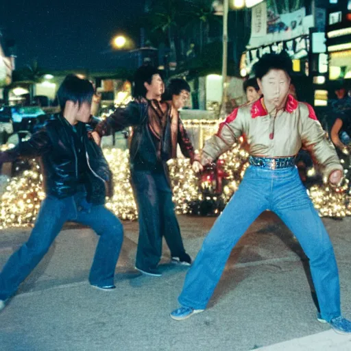 Prompt: Japanese man in brown leather jacket and denim jeans, kung fu fighting street punks to save his girlfriend along seaside with palm trees covered in Christmas lights, afternoon, Okinawa, 1987 photograph