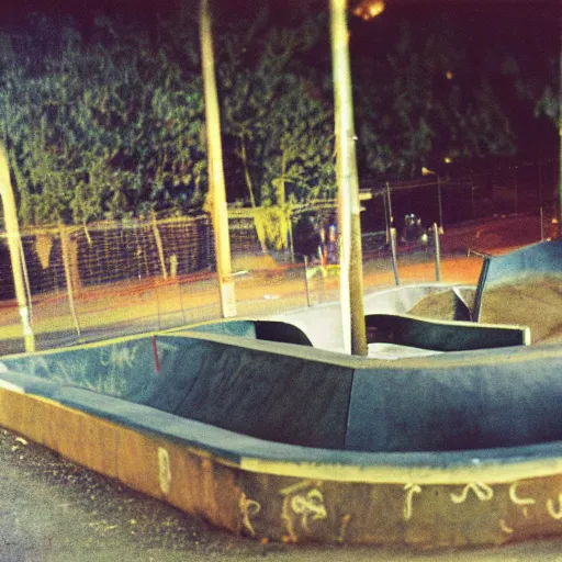 Image similar to a 1 9 9 0's photograph of a skatepark in a small town at dusk, polaroid, candid photography