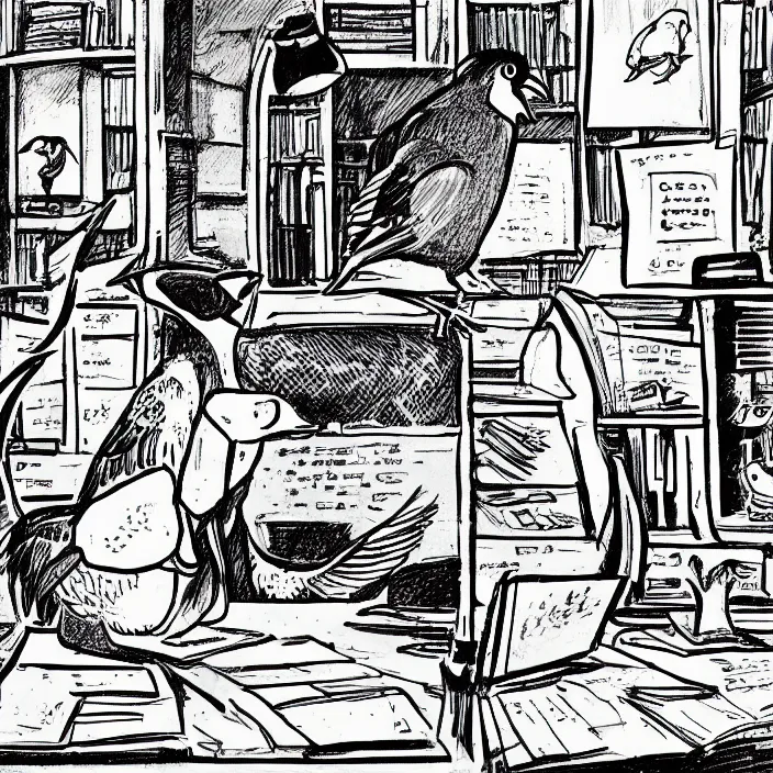 Image similar to a still frame from comic strip a pigeon sitting on the desk 1 9 9 0, new yorker illustration, monochrome contrast bw, lineart, manga