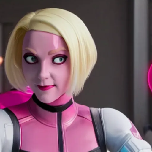 Image similar to A still of Gwenpool in Deadpool 3 (2023), blonde hair with pink highlights, no mask, white and light-pink outfit, smiling and winking at the camera, comics accurate design