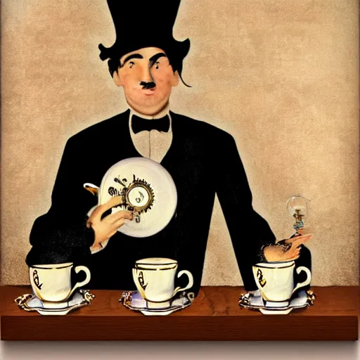 Prompt: a clockwork butler holding a plate of tea cups, steam punk, painting.