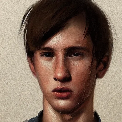 Image similar to Portrait of a man by Greg Rutkowski, he is about 20 years old, british features, straight jaw, attractive, short brown hair with bangs, athletic and strong, gallant, childhood friend vibes, he is wearing red and black utilitarian jumpsuit, highly detailed portrait, digital painting, artstation, concept art, smooth, sharp foccus ilustration, Artstation HQ.