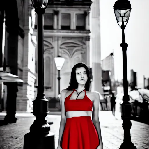 Prompt: beautiful woman in a coffee dress standing under the circle of light of lamp post, grayscale phtoto with red dress, photo noire style, high resolution, 4k, highly detailed, attention to details, detailed face, realism, photo-realism, photo by marco glaviano, 35mm