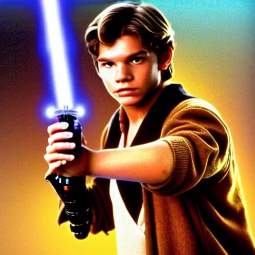 Image similar to A full color still from a film of a teenage Han Solo as a Jedi padawan holding a lightsaber hilt, from The Phantom Menace, directed by Steven Spielberg, 35mm 1990