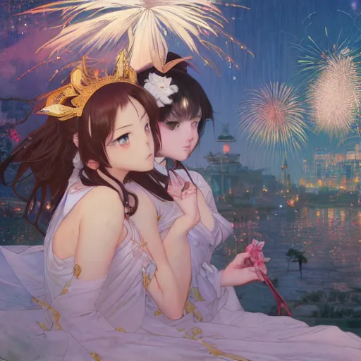 Image similar to two beautiful girls watching fireworks, digital art, painted by range murata, akiyuki shinbou, alphonse mucha, masamune shirow, josan gonzales, greg rutkowski makoto shinkai, highly detailed, realistic, cinematic, trending on pixiv fanbox