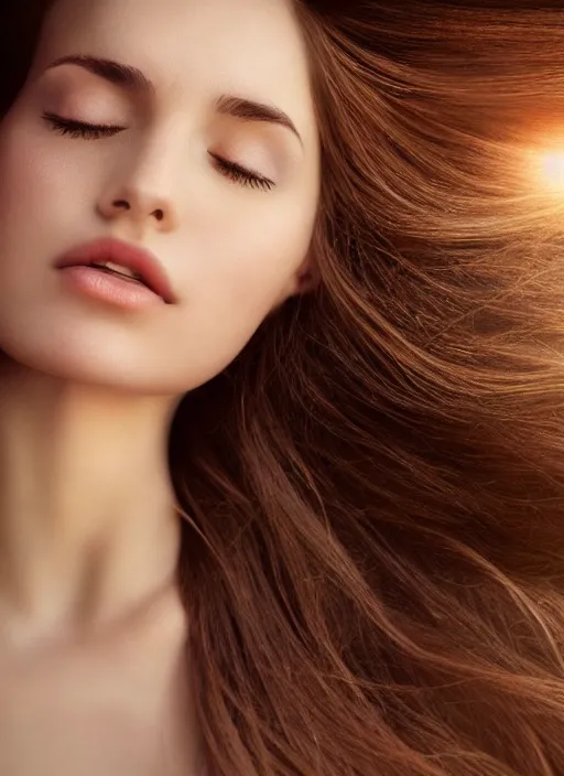 Prompt: a very beautiful still of a beautiful brown - haired woman with her head leaning backwards, golden ray of light across her face, eyes closed, front shot, close - up, hyper detailed, high contrast, bokeh background, realistic, digital art by irak linadar, sharp focus, golden, delicate, sunlight, dark background, 4 k