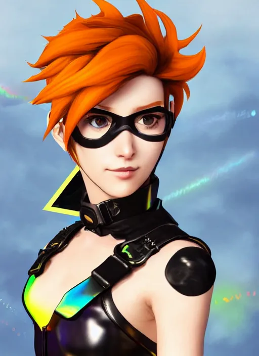 Image similar to portrait bust digital artwork of tracer overwatch, wearing iridescent rainbow latex and leather straps catsuit outfit, neon makeup, in style of mark arian, angel wings, wearing detailed leather collar, chains, black leather harness, detailed face and eyes,