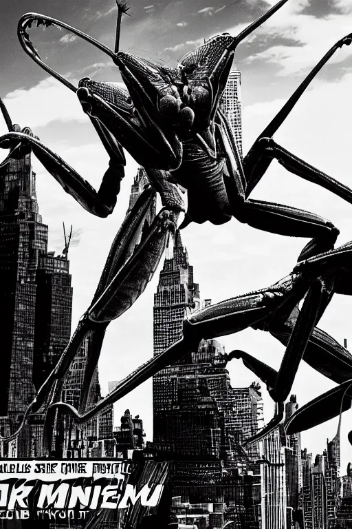 Image similar to a giant praying mantis destroys new york, horror sci - fi black and white poster