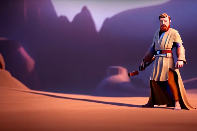 Image similar to obi wan kenobi, screenshot in a typical pixar movie, disney infinity 3 star wars style, volumetric lighting, subsurface scattering, photorealistic, octane render, josh black