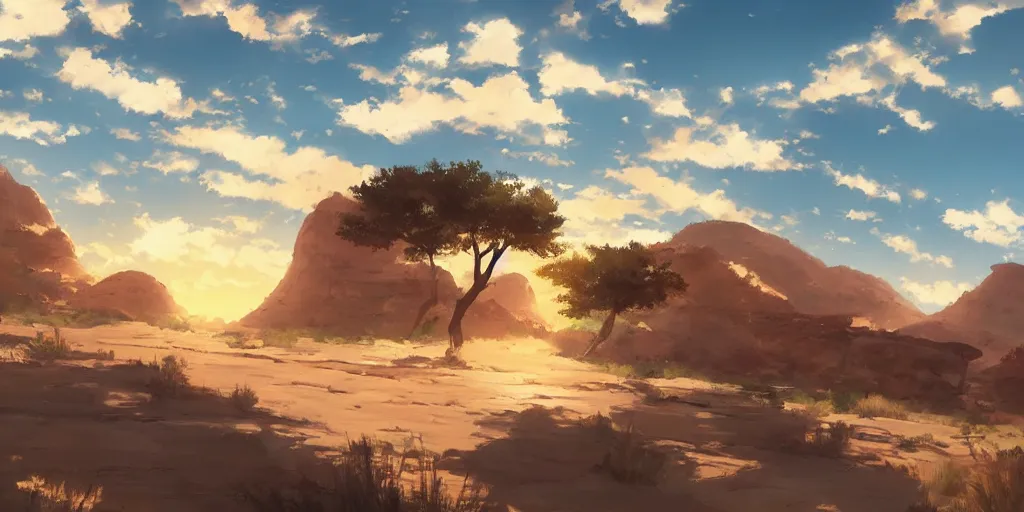 Image similar to a stunning desert landscape by makoto shinkai