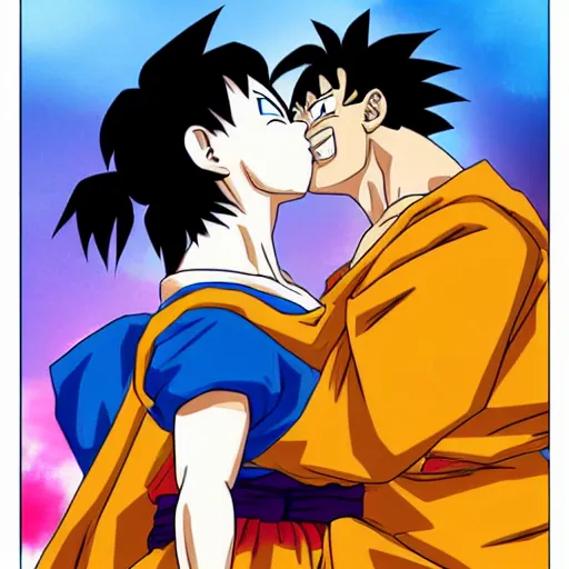 Prompt: Goku and Bulma sharing a romantic kiss