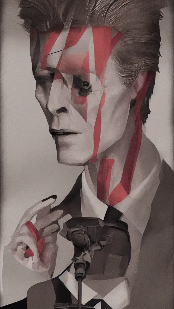 Image similar to David Bowie, in the style of David Lynch, by Wes Anderson, concept art, artstation