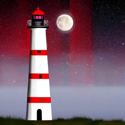 Prompt: Photography, very detailed, hyper-realistic A red and white striped lighthouse shining out onto the sea; a white house with a red roof with the lights on inside; thin dark trees behind; nighttime with stars behind; full moon; 8k