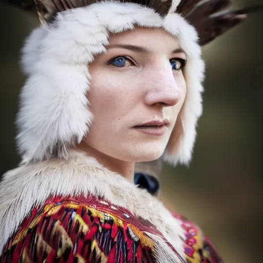 Prompt: symmetry!! portrait photograph of an extremely beautiful!!!! young blonde female with symmetric face. with a very detailed barn owl!!!!! on her shoulder. wearing mongolian traditional outfit in iceland. petzval lens. shallow depth of field. polaroid featured on flickr, art photography,