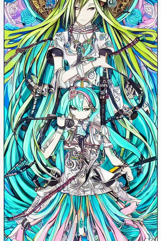 Prompt: hatsune miku, intricate, amazing line work, colorful, tarot cards, the devil tarot card