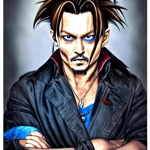 Image similar to portrait painting of johnny depp, art by akira toriyama, 4 k, dragon ball artstyle, cel shaded, highly detailed, epic lighting