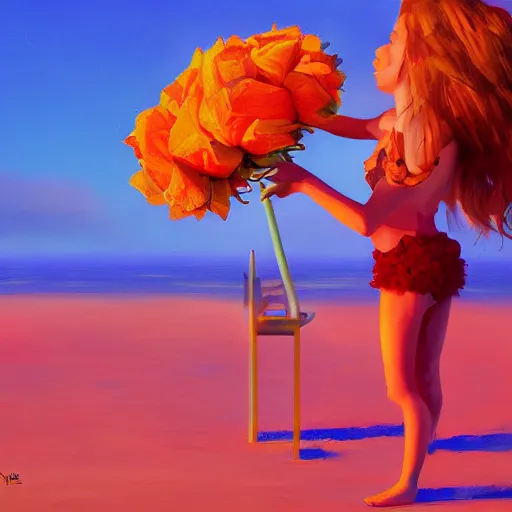 Image similar to portrait, giant rose flower head, girl dancing at the beach, surreal photography, sunrise, blue sky, dramatic light, impressionist painting, digital painting, artstation, simon stalenhag