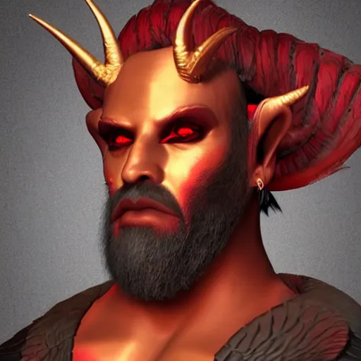 Image similar to dnd render of a male tiefling, red scales, a big black beard, completely golden eyes, 1 curved horn growing out of his forehead, one broken horn growing out of his forehead,