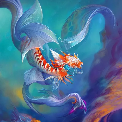 Prompt: opalescent koi dragon flying through water, art, fantasy, intricate, elegant, highly detailed, digital painting, trending on artstation, concept art, smooth, sharp focus, hyperrealistic, illustration, art by Loish and WLOP