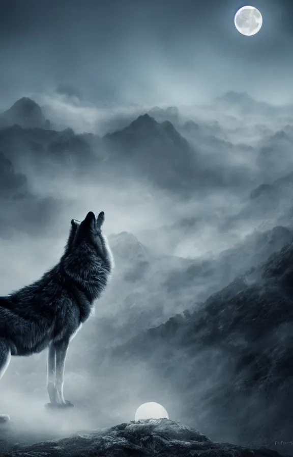 Image similar to a photograph of a wolf at full moon in a mountainous environment, full moon with fog and clouds, concept art, epic lighting, cinematographic