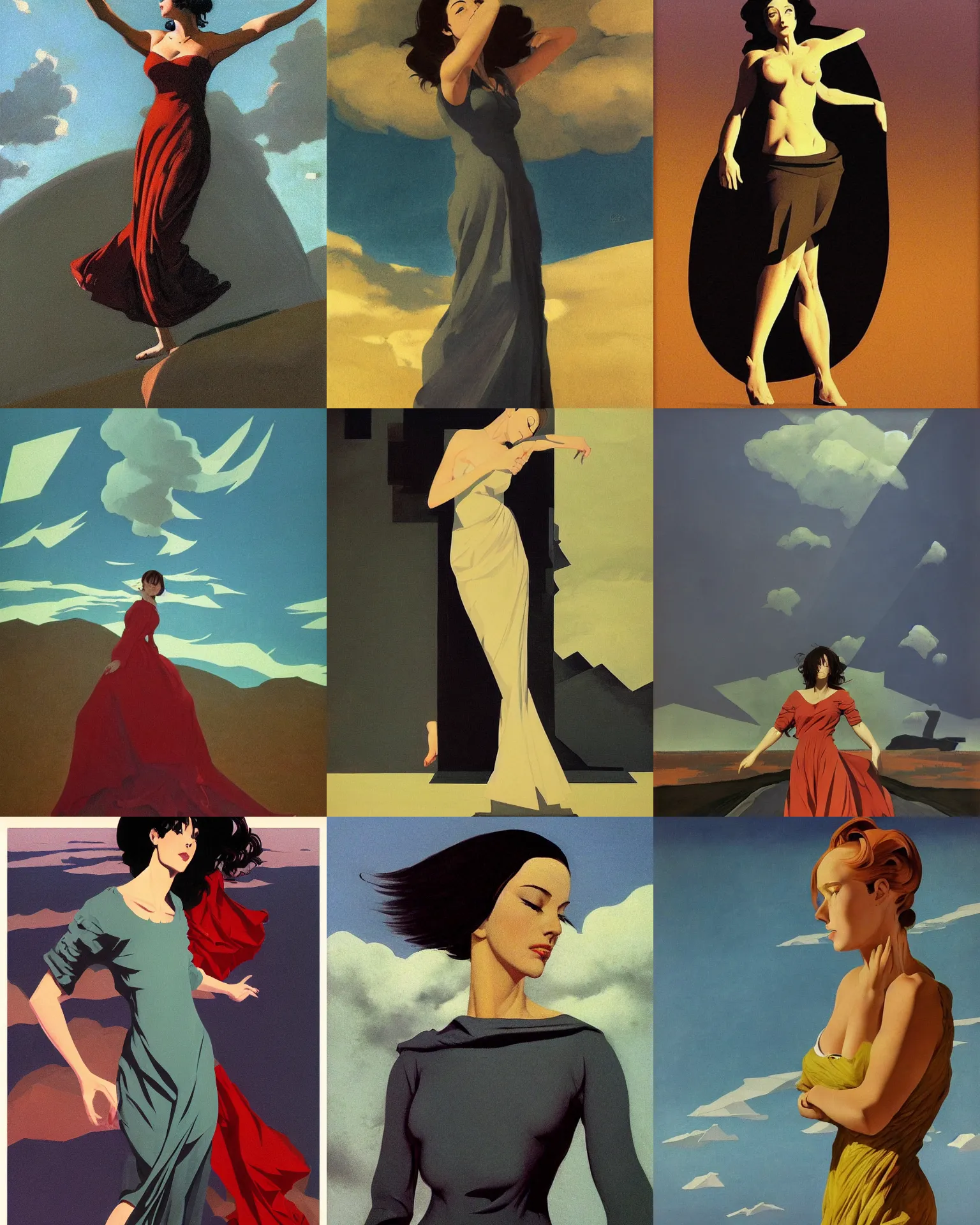 Prompt: woman portrait, female figure in maxi dress, sky, thunder clouds modernism, dynamic pose, dance, morning dramatic cinematic light, low poly, low poly, low poly, industrial, soviet painting, social realism, barocco, Frank Frazetta, Dean Ellis, Detmold Charles Maurice, gustav klimt 1993 anime