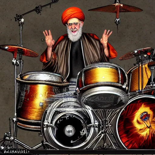 Image similar to khamenei playing drums in heavy metal band in heaven, high definition, trending on artstation, unreal engine, photorealistic, high resolution,, trending on deviantart, hdr, hyper detailed, insane details, intricate, elite, ornate, elegant, luxury, dramatic lighting