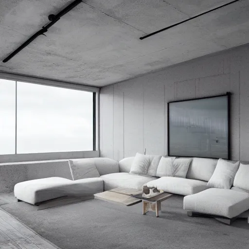 Image similar to brutalist open living room, big windows, showing storm ocean landscape on background, minimalist architecture, minimalist furniture, octane render, high quality, 8 k, post production