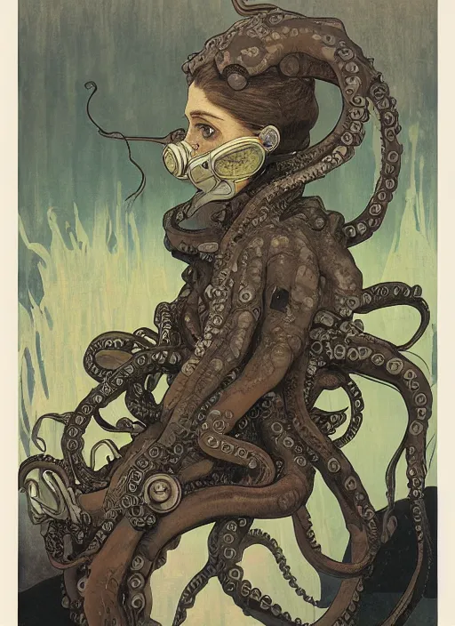 Image similar to a girl wearing octopus gas mask, poster by james jean, greg rutkowski, giger, alphonse mucha, andrew wyeth