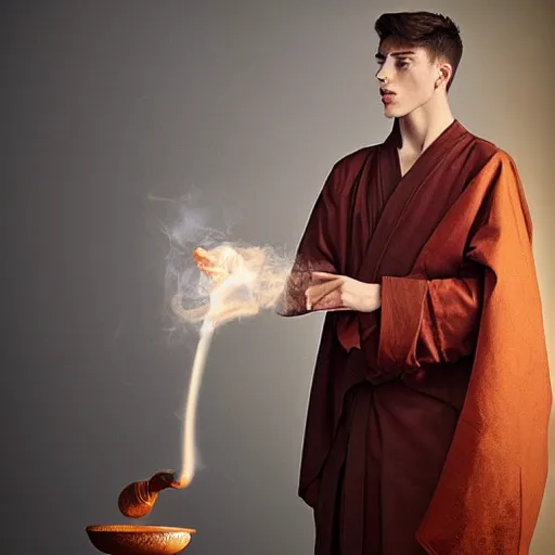 Image similar to attractive kai havertz wearing monk robes holding incense burner. natural lighting by ruan jia, portrait