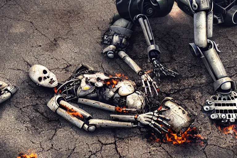 Image similar to vfx film closeup, dead robot couple on the ground holding hands, city street tire tracks fire. flat color profile low - key lighting award winning photography arri alexa cinematography, hyper real photorealistic cinematic atmospheric cool colorgrade