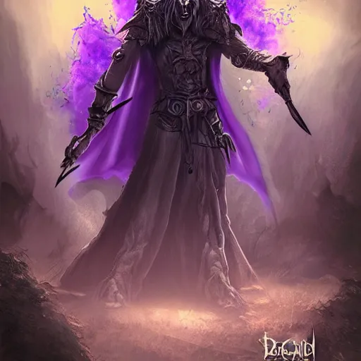Image similar to a violet evil old wizard, graveyard background, undead arms rising from the ground, epic fantasy style art, fantasy epic digital art